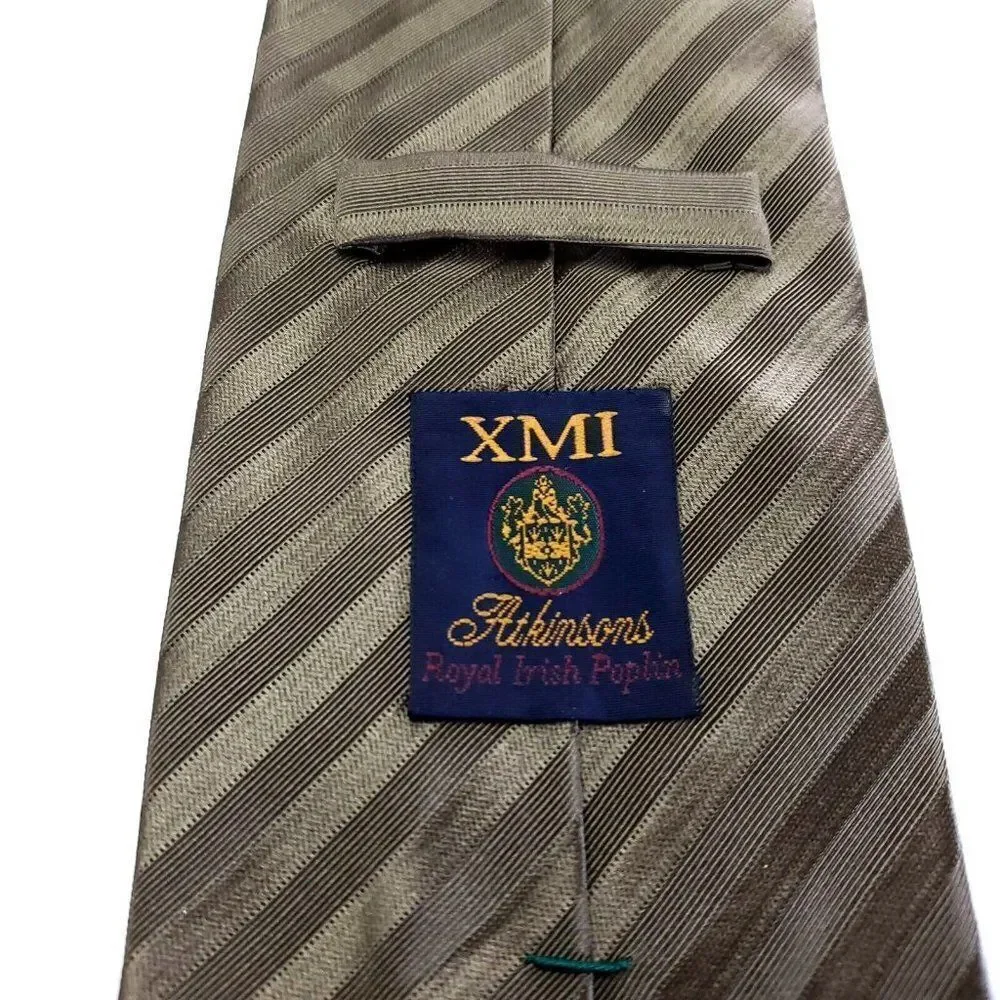 XMI Atkinsons Woven‎ Striped Green Beige Short Wide Silk Wool Tie